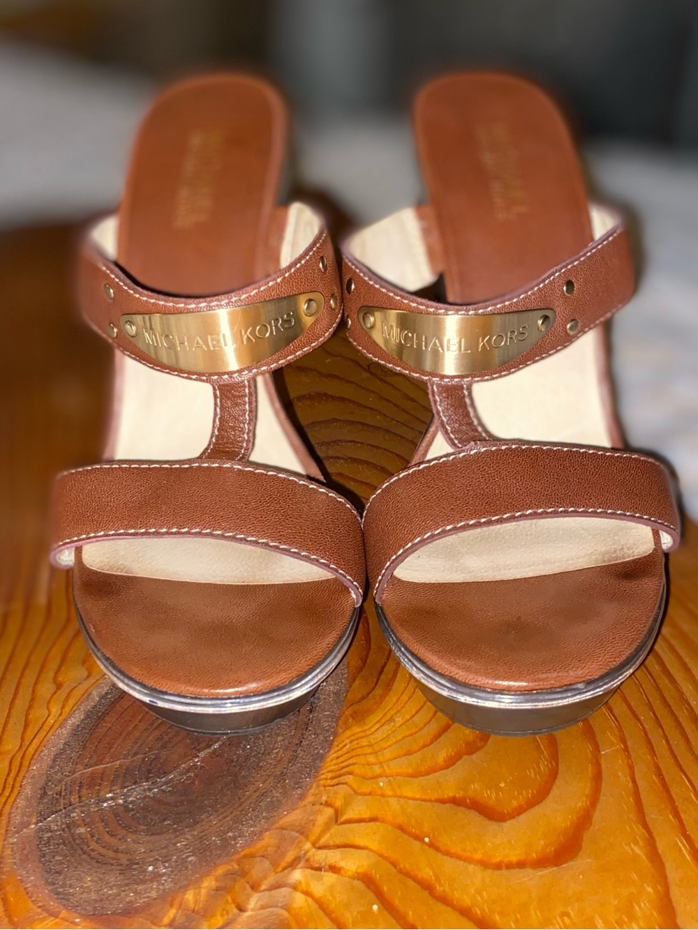 Michael Kors Chestnut Brown Leather Heeled Slides with Gold Logo